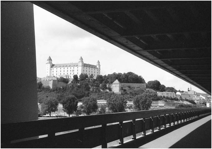 Bratislava Castle framed by bridge structure